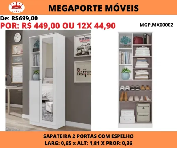 Sapateira 2 Portas com Espelho