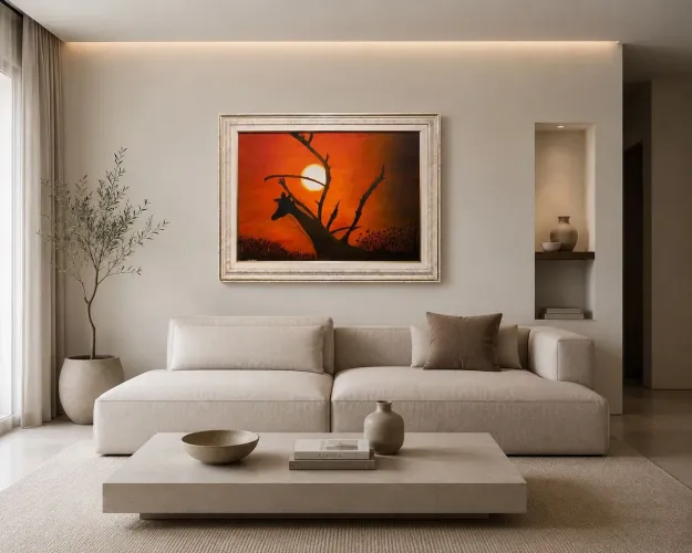 Quadro original pintado à mão à pôr do sol com girafa