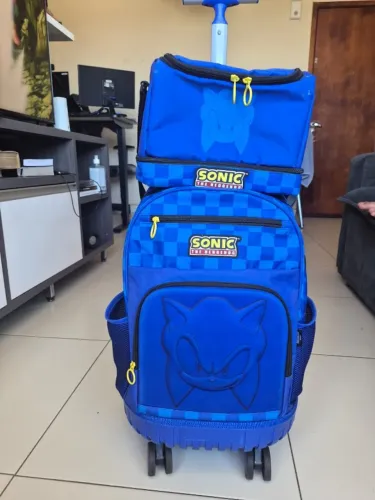 Mochila Escolar Sonic Luxcel Original com Rodinhas 360° + Lancheira