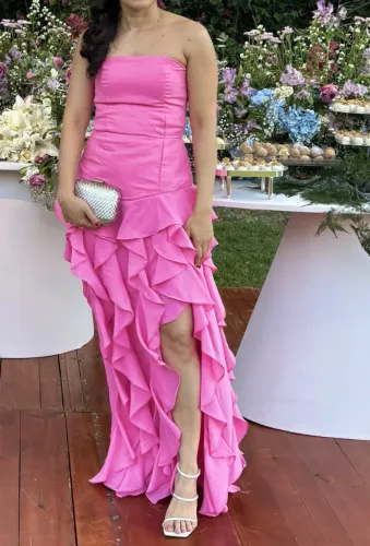 vestido longo tomara que caia rosa com babados 36