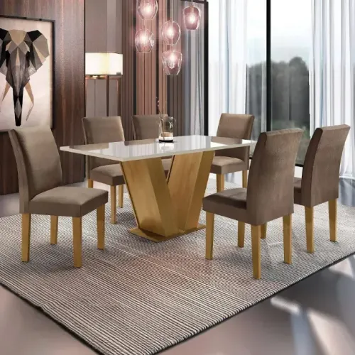 Mesa de Jantar 6 Cadeiras Com Tampo Laqueado 1,70m Chocolate
