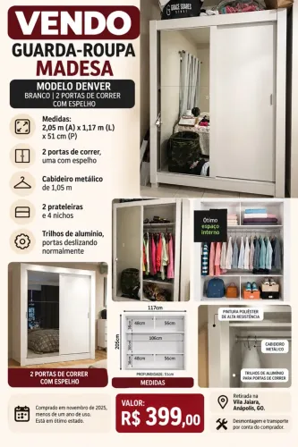 Guarda-roupa solteiro Madesa Denver, 2 portas de correr com espelho