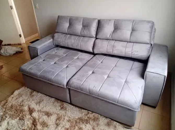 sofá retrátil reclinável marrom bege e cinza
