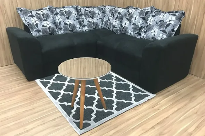 Sofá de Canto 5 Lugares Suede Preto com Almofadas Soltas