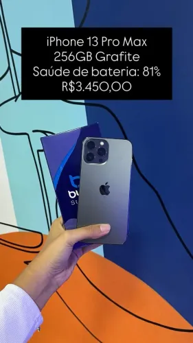 iPhone 13 Pro Max / 256GB / Grafite / Saúde da Bateria: 81% / R$ 3.450,00 / LOJA FÍSICA