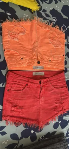Saias jeans - Laranja e Vermelho