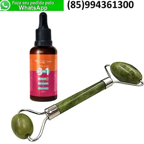 Kit Beleza Skin Care Sérum 3 em 1 com Óleo de Rosa Mosqueta e Rolinho Massageador Facial