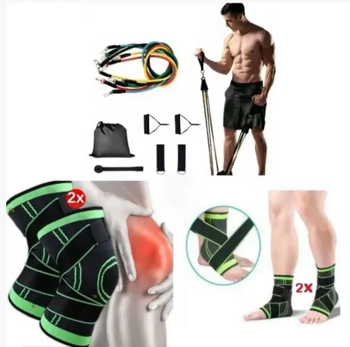 Kit de exercícios completo - Bandas Elástica + joelheiras e tornozeleiras
