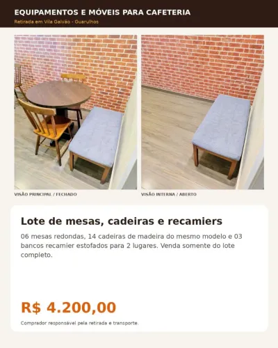 Lote com 6 mesas 14 cadeiras e 3 bancos para cafeteria