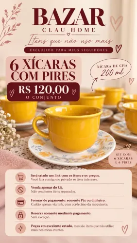 Conjunto com 6 xícaras de chá 200 ml e 6 pires florais