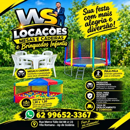 Aluguel de mesas e cadeiras, pula pula e piscina de bolinhas