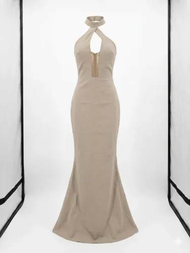 Vestido Longo Bege - Sereia Halter com Decote | Tam. PP/P