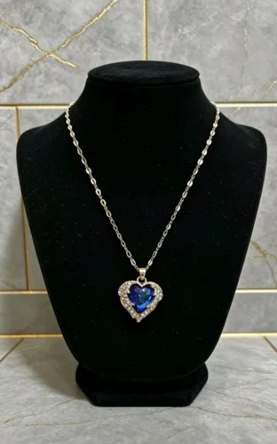 Colar com Pingente Coração Aço Inoxidável | Cristal Azul Oceano | Presente Especial