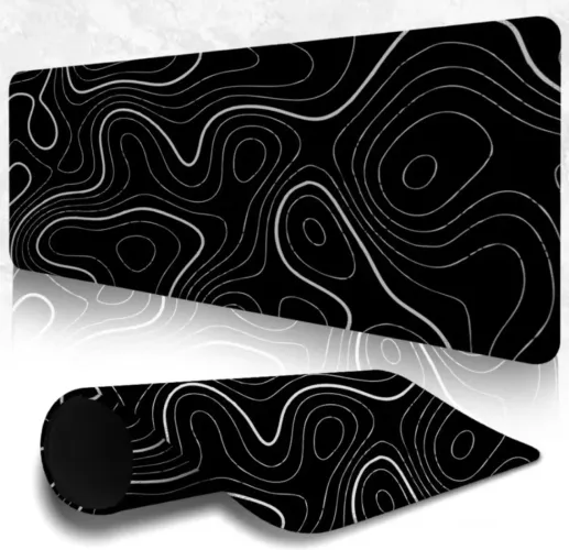Mousepad 65x30 antiderrapante com borda costurada confortável, preto e branco