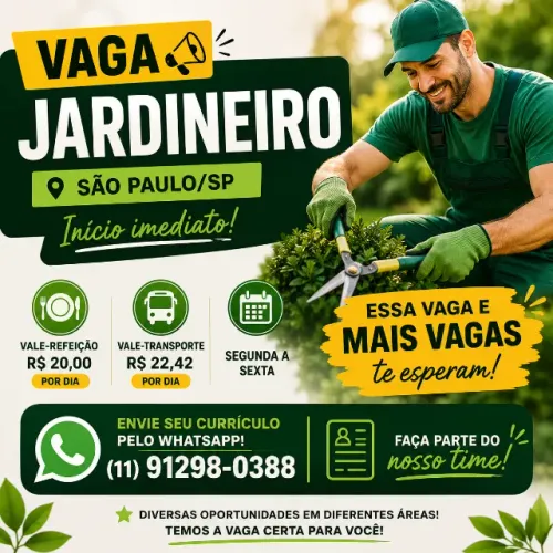 VAGA | JARDINEIRO - SÃO PAULO/SP com experiência 5x2