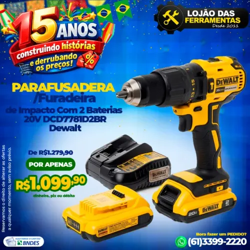 Parafusadeira/Furadeira de Impacto Com 2 Baterias 20V DCD7781D2BR Dewalt