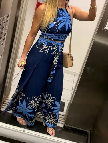 Conjunto Cropped + Calça envelope Floral azul - tamanho Único 