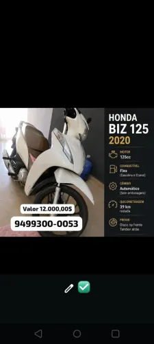 Vendo Honda Biz 125, ano 2020/2021, branca. ? 38 mil km rodados ? R$ 12.000 ?