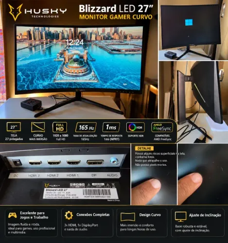 Monitor Gamer Curvo Husky Blizzard 27? Full HD 165Hz 1ms FreeSync - 3 HDMI + DP