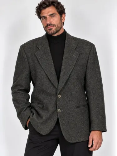 Blazer social alongada lã batida inverno cinza com bege vintage - Ref. 2367