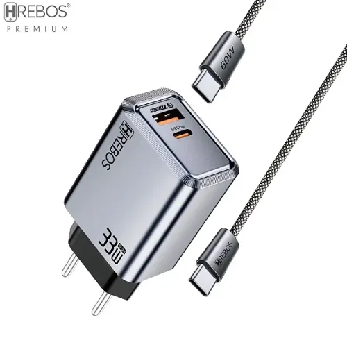 Kit Carregador com 2 Portas (USB + Tipo C) 33W + Cabo Tipo C Nylon Trançado - Hrebos