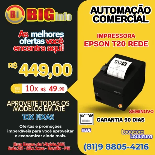 Impressora Termica de Cupom Epson T20x - Em ate 10x Fixas