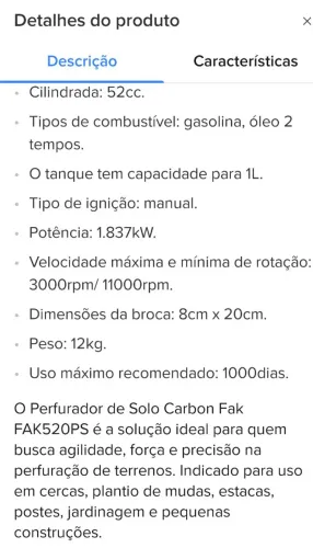 Perfurador de Solo à gasolina Carbon Fak 52cc