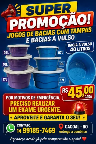 Super promoção jogos de bacia e bacias avulso de 40ltrs Cont: * Valdo Marques