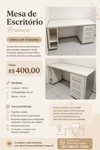 Mesa de Escritório Branca 1,60m com 4 Gavetas - Grande, Resistente e por Apenas R$ 400