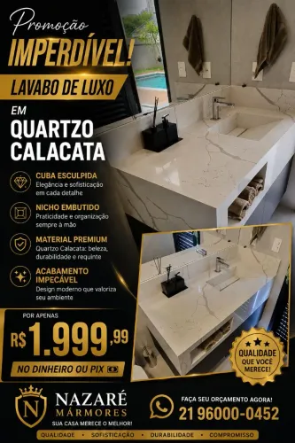 Lavabo , com uma bancada em Quartzo Calacata
