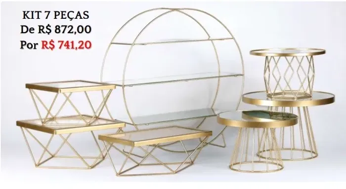 Kit buffet lux de vidro dourado 7 peças 