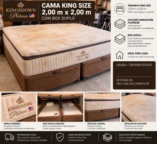 Cama King Size Kingsdown Platinum 2,00 x 2,00 m + Box Baú Duplo