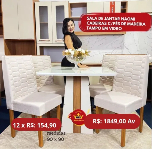 PROMOÇÃO URGENTE - Mesa de Jantar Naomi com Tampão em Vidro 4 CADEIRAS apenas 12x R$154,90
