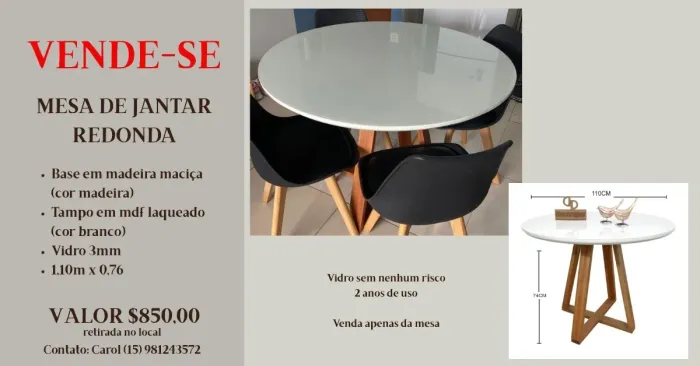 Mesa de Jantar Redonda 1,10m - Excelente Estado (Somente a Mesa)