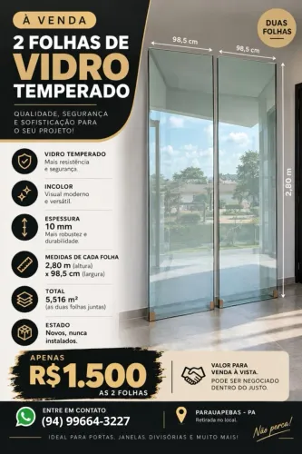 2 Folhas de Vidro Temperado 10mm Incolor 2,80 x 0,985 m - Novas