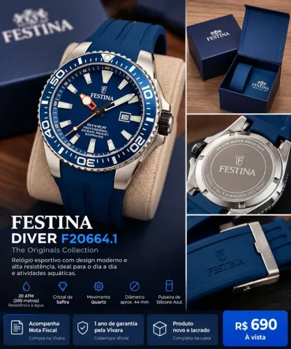 Relogio Festina Diver Azul - Novo NF + Garantia 12 meses