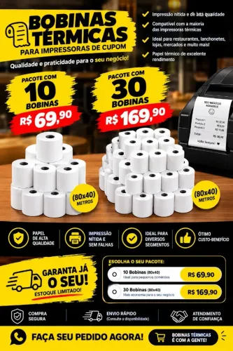 Bobina Térmica 80x40 para Impressora de Cupom