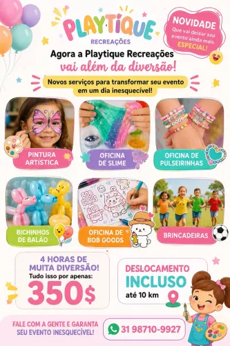 Recreação/oficinas de slime e pulserinhas/brincadeiras/pintura facial