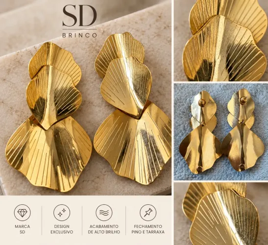 Maxi Brinco SD Dourado - Design de Folhas Sobrepostas