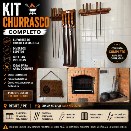KIT CHURRASCO COMPLETO COM SUPORTES DE PAREDE + ESPETOS + GRELHAS