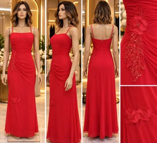 Vestido Longo De Festa Vermelho Com Pedraria E Flores 3D