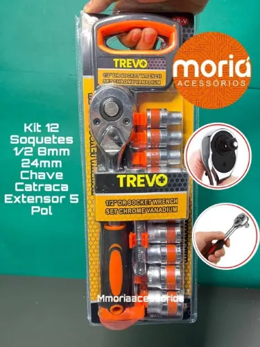 Jogo de chave Catraca Soquetes 12 Peças 1/2 de 8mm até 24mm Extensor