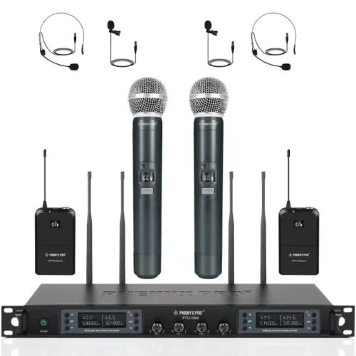 Microfone Phenyx Pro PTU-7000-2H2B - Sistema Quádruplo de Microfone Sem Fio UHF com Auto-S