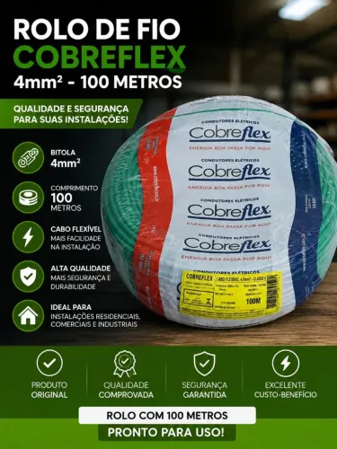 ROLO DE FIO ELÉTRICO COBREFLEX 4mm² - 100 METROS