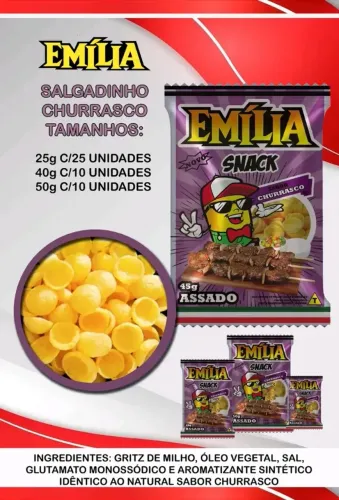 Salgadinho Emília Sabor Churrasco 45g Assado Pacote C/ 10 Uni