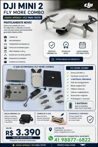 DJI mini 2 Fly more Combo - usado apenas 1 vez para teste.