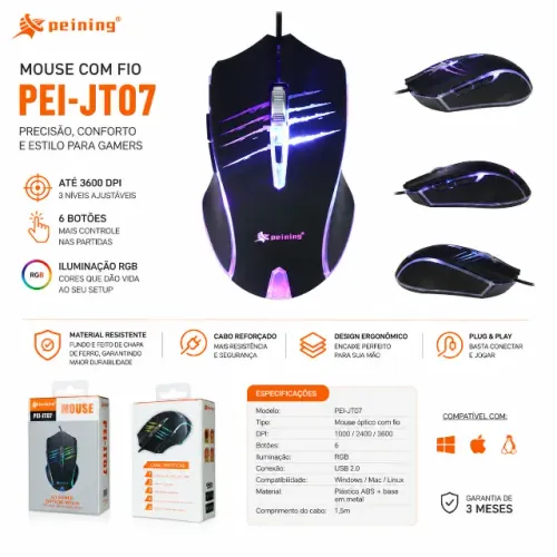 Mouse Gamer Com Fio RGB 3600 DPI 6 Botões PEI-JT07