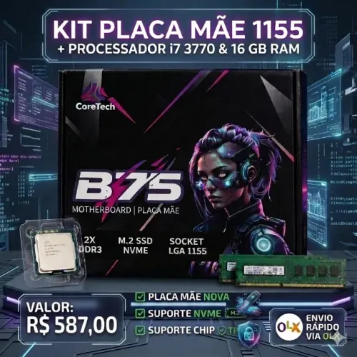 Kit Upgrade Intel I7 3770 + Placa Mãe B75 Nova/ Suporte a NVMe e Chip TPM 2.0 + 16GB RAM