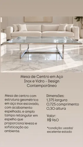 Mesa de Centro em Aço Inox e Vidro - Design Contemporâneo