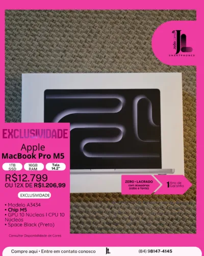 MACBOOK PRO M5, 1TB, 16GB RAM, TELA 14.2 POL., CHIP M5, LACRADO, EXCLUSIVO!!